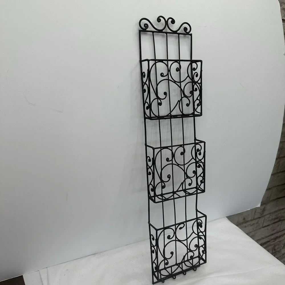 Vintage Iron Wall Rack 3 Bins 4 Hooks Home Office Storage Display Shelf 26